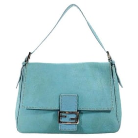 Fendi Light Turquoise Blue Leather Mamma Selleria Purse With Taupe Contrast Stitching & Chrome