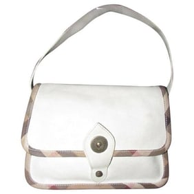 Burberry Purses White Leather With Nova Check Plaid Canvas Trim And Coated Shoulder Bag
