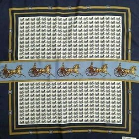 Celine Blues Browns White Equestrian Print Silk Scarf