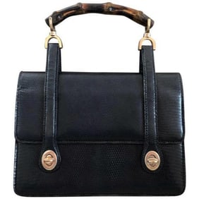 Gucci Midnight Blue Python Leather Lunch-box Satchel w Bamboo Handle & Front Twist Buckles