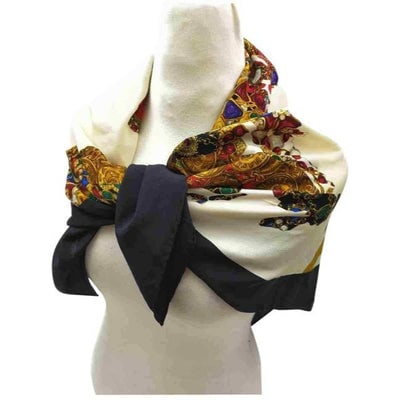 Chanel Colorful Jeweled World Logo Print Silk Scarf: For sale is a RARE, Chanel, logo print, 36" square, 100% silk scarf in rich jewel tones and gold on a white circular and black square background with an abstract map of the world, CC logo prints, hand