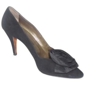 Yves Saint Laurent Vintage Mod Black Suede Heels w Chiffon Rose