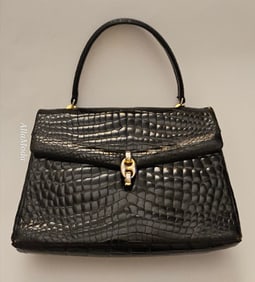 Gucci RARE 1960's black crocodile leather Kelly purse with Gucci link clasp