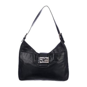 Fendi Black Leather Baguette in V Shaped Style w Enamel FF Clasp