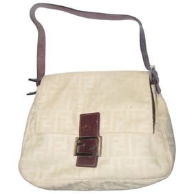 Fendi Mamma Zucco Style Shoulder Purse Zucca Print In Shades Of Tan Canvas And Leather Satchel