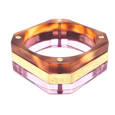 RARE, vintage, Fendi tri-color square resin/Lucite bangle in purple, gold, & tortoise shell: For sale is a RARE, vintage, Fendi tri-color square resin/Lucite bangle in purple, gold, & tortoise shell! The bracelets are attached, but appear to be three separate bangles. It is an iconic piec