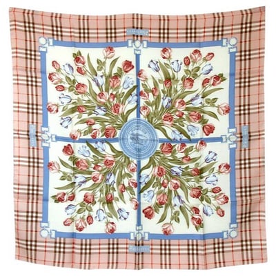 Burberry Beige Red Brown Blue Plaid Nova Check Print Silk Scarf: For sale is a Burberry's of London Nova Check print, 31" square/43" diagonal, 100 % silk scarf in beige, brown, red, and blue with rolled edges! This scarf by Burberry in one of their signature prints