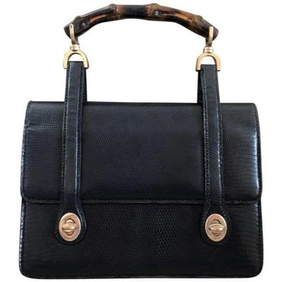 Gucci Midnight Blue Python Leather Lunch-box Satchel w Bamboo Handle & Front Twist Buckles: ONE OF A KIND! For sale is a RARE, collectible, mod, early Gucci, midnight blue, exotic lizard skin leather, lunchbox style satchel with a bamboo handle! It is the original 1960's classic mod Gucci! I