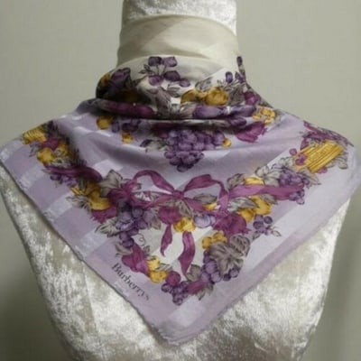 Burberry Purple Gold White Grey Plum Striped Bows Fruit Floral Silk Jacquard Scarf: For sale is a RARE, Burberry purple striped print, 23" square/34" diagonal, 100% silk jacquard scarf with the design of a golden sash with the 'Burberry's' logo and burgundy bows that goes around the