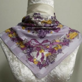 Burberry Purple Gold White Grey Plum Striped Bows Fruit Floral Silk Jacquard Scarf