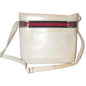 Gucci White Hard Boxy Leather Bucket Bag w red/blue stripe