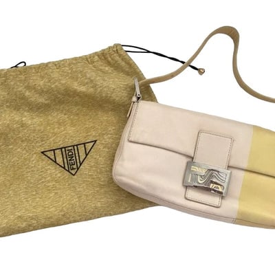 Fendi, limited edition, mod, pink and yellow color block leather, baguette with a pink and yellow: For sale is an amazing, Fendi, limited edition, mod look, pink and yellow color block leather, baguette style shoulder purse with an envelope top, a pink and yellow swirled enamel and chrome FF accent