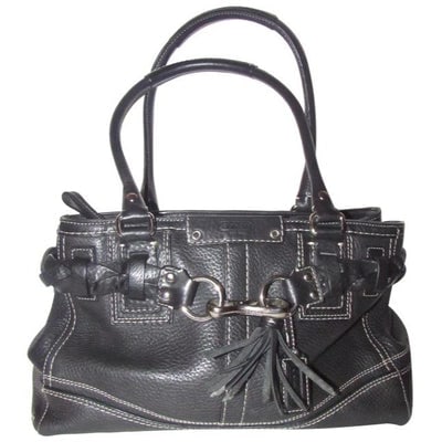 Coach New Pursesdesigner Purses Black Pebbled Leather With White Contrast Stitching And Chrome Hardw: For sale is a Coach, Hampton style, black pebbled leather, XL satchel style shoulder purse with white contrast stitching, a thick braided leather accent, two shoulder straps, and chrome hardware! This
