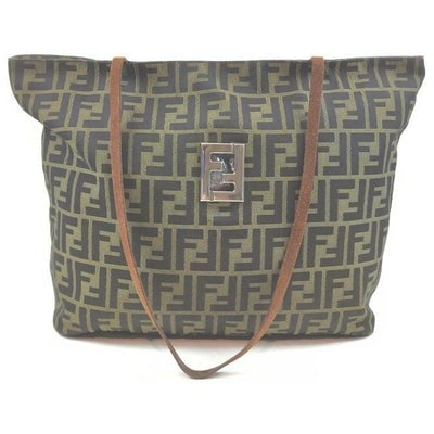 Fendi W Canvasleather Cut Out Satcheltote Tobacco Zucca Printchrome Leather And Canvas Tote: For sale is a Fendi, tobacco Zucca print canvas and brown leather, tote or satchel style purse with two flat, leather straps, top zip closure, exterior pocket, graduated shape, and a chrome FF logo cu