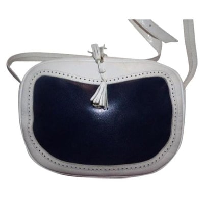 Bally Vintage Pursesdesigner Purses Navy And White Leather Cross Body Bag: For sale is an authentic, mod style, Bally, unusual, top zip, white and navy blue leather, spectator style, nautical influenced, cross body purse with tassels & perforated trim! This is a great lo