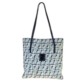 Fendi Canvasleather Top Handle Satcheltote Bluegreenwhite Zucco Print Leather And Canvas Tote