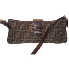 Fendi Zucco Print In Brown Canvas & Leather Baguette Style Shoulder/Cross Body Bag