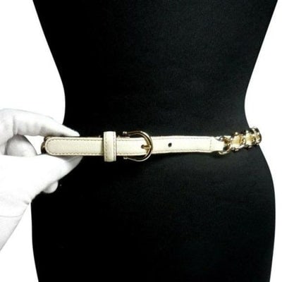 Amazing, Gucci Gold Tone Chain with a Yellow & White Striped Ribbon Woven Throughout with White: For sale is an early, rare - on trend! Gucci 1980's gold tone chain belt with a yellow and white striped ribbon woven through it with white leather on both sides! The belt has white leather where the