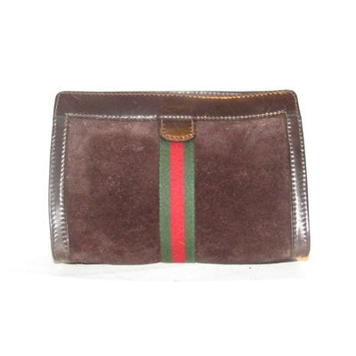 Gucci Vintage Accessory Collection Purses Brown Suede And Leather Clutch: For sale is a vintage, Gucci Accessory Collection, clutch style purse or cosmetic bag made from brown suede and brown leather with a top Velcro closure, green vinyl lining, and a wide red and green ce