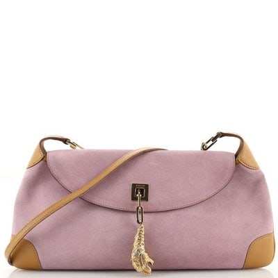 Tom Ford era, RARE, Gucci, tiger charm chain style, camel leather & pink suede purse with a heavy: For sale is a vintage, Tom Ford era, RARE, Gucci, tiger charm chain style, camel leather and pink suede shoulder bag with a heavy gold tiger's head on a chain at the center as a closure, a leather and