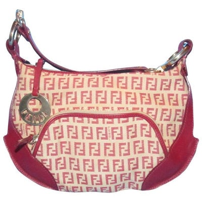 Fendi Chef Shoulder Purse Red Zucchino Print On Tan Leather And Canvas Hobo Bag: For sale is a Fendi, 'Chef', RARE, red Zucchino or small F logo print on tan canvas and red leather, hobo style shoulder bag with a front zip close pocket, a top zip closure with a large engraved Fend