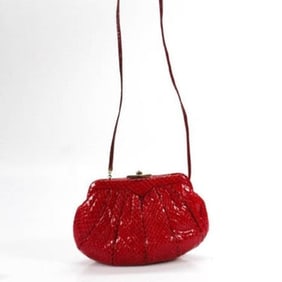 Judith Leiber Vintage Red Snakeskin Leather Two-Way Cross Body or Clutch Evening Bag w Red Stone