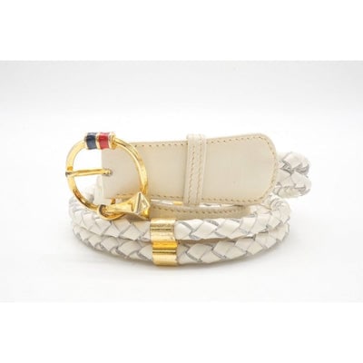 vintage, Gucci, size 80/32, white leather belt with a round, gold buckle with red and blue enamel &: For sale is an early, vintage, Gucci, size 80/32, white leather belt with a round, gold buckle with red and blue enamel, two braided leather strands that are attached, four holes 30"- 33", an engraved