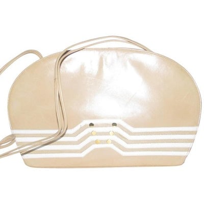 Bally Vintage Beige Glossy Leather Two-Way Shoulder Bag: *** STRAIGHT FROM PARIS!! *** * For sale is a mod style, Bally, unusual, top snap, glossy beige leather, color block style, two way style- cutch or shoulder bag style with white geometric stripes, bra