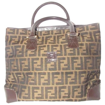 Fendi Top Handle Tobacco Zucca Print Canvas And Leather Satchel: For sale is an early Fendi SAS, tobacco Zucco print canvas and brown leather, large satchel style purse with two hard, rolled leather handles, gold hardware, a footed bottom, and a dual, snap top clos