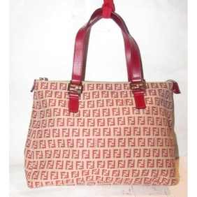 Fendi Top Handle Style Purse Red Zucchino Print On Tan Canvas And Leather Satchel