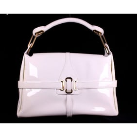 Jimmy Choo pale yellow glossy leather shoulder bag with gold hardware & belted sides