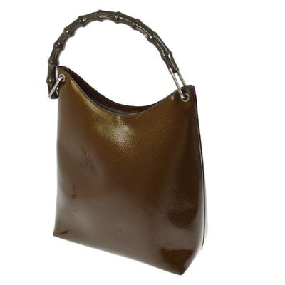 Gucci Vintage Brown Speckled And Glossy Leather Hobo Bag With Bamboo Handle: For sale is a Gucci, brown speckled glossy leather, V shaped, zip top, purse with chrome accents, & a dark brown bamboo handle and a professionally restored lining! It has the 1960's classic mod s