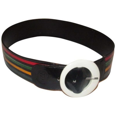 Vintage, OoaK, Fendi, black leather belt with a white Lucite buckle & four multi-color snakeskin: For sale is a one of a kind, vintage, Fendi, black leather belt with a large, round, white Lucite buckle, four snakeskin leather stripes in red, green, yellow, and bluish/purple, four holes in a black
