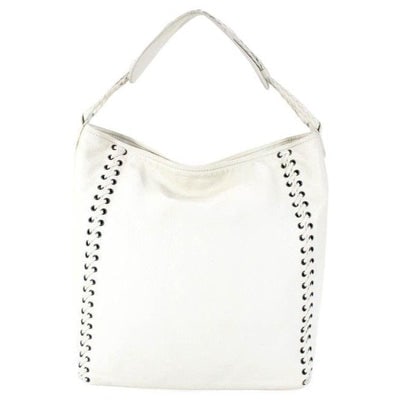 Dior Xl Hobo Style Purses White Leather With Chrome Grommets With Woven Lacing Design And Braided St: For sale is a Christian Dior, white leather, XL hobo style tote bag a braided strap, chrome grommets and lacing on both sides, bucket shape, and tan Dior trotter logo print lining! This unique style f