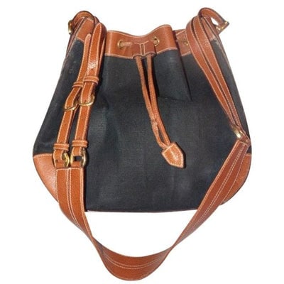 Gucci Vintage Black Canvas Camel Leather Satchel: For sale is a Gucci, black canvas and camel leather, XL, structured, drawstring top, rectangular, equestrian influence elaborate strap, satchel style shoulder bag with bold gold accents! This is the p