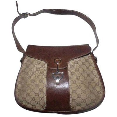 Gucci Brown Guccissima Print Leather Canvas Bag w Chrome Horse-bit Accent: For sale is a vintage, Gucci, brown, large G canvas fabric & leather, envelope top, saddle style shoulder bag with gold tone horse bit equestrian accents! This mod, equestrian influenced purse fro