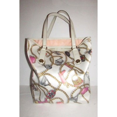 Gucci Webby Equestrian Multi Color Horse Bit Leather Silk Tote: For sale is a RARE, Gucci 'Charmy' line, multi-color horse-bit, equestrian theme charm print silk and white leather, large, graduated tote style purse with two, flat leather handles, hexagon shaped, g