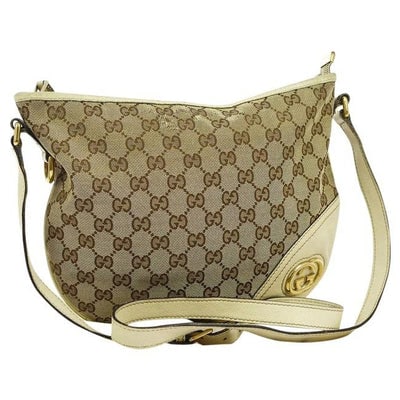 Gucci Abbey Vintage Brown Large G Logo Print Canvas And White Leather: * For sale is an iconic, Gucci, brown Guccissima print canvas and white leather, hobo style purse and bold gold GG logo accent & horse-bit accent! This is a great looking piece from Gucci with a t