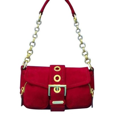 Prada Pattina Double Zip Pocket Rubino Camoscio Red Suede W Gold Chain And Leather Baguette: For sale is a petite Prada, 'Pattina', red suede, baguette style, shoulder bag with a zip top, envelope top, belted look front, two, exterior pockets, and a heavy gold chain link and suede strap! This