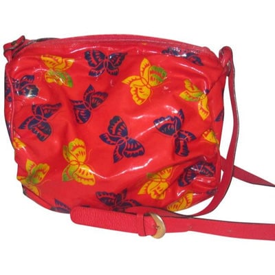 Bottega Veneta Vintage Pursesdesigner Purses Yellow And Blue Butterfly Print On Red Glossy With Red: For sale is a high- end bohemian, vintage, RARE, Bottega Veneta, yellow and blue butterfly print red glossy with red textured leather, cylindrical, hobo style shoulder or cross body purse with a heavy