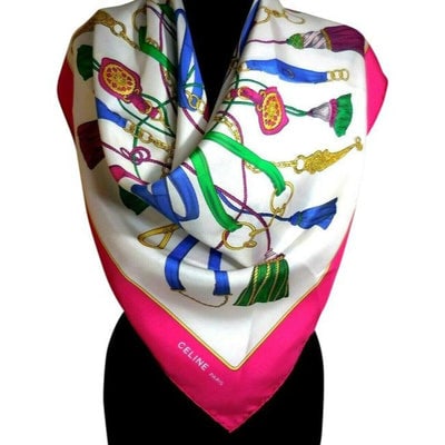 Celine Blue Pink Green Gold Tassels Equestrian Print Silk Scarf: For sale is a Celine, equestrian print, 35" square, 100 % silk scarf in hot pink, turquoise blue, gold, and green tassels on a white background! This scarf by Celine in one of their signature themes c