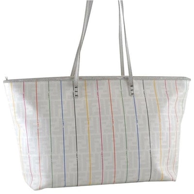 Fendi white Zucca & multi-color print leather XL Roll tote bag: For sale is an AMAZING, Fendi, white Zucca print canvas and leather top handle, XL 'Roll' tote style, handheld or shoulder bag with multi-color stripes with 'FENDI' in them, two handles, a gold FF log