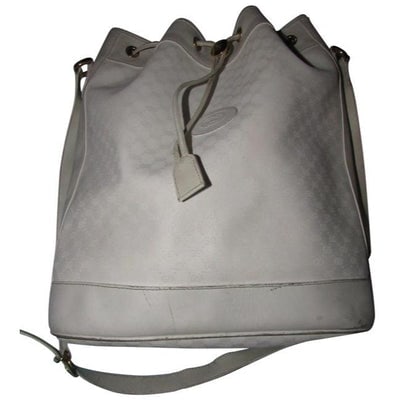 Gucci White Micro G Logo Print Leather Cross Body Bucket Purse: For sale is a Gucci, white small G logo print coated canvas & white leather, large, unusual, drawstring top bag! This is a great everyday bag with lots of space to keep you organized! The bag is m