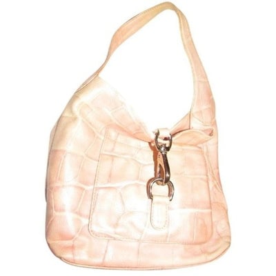 Dooney And Bourke Pink Crocodile Embossed Leather Hobo Bag: For sale is a Dooney and Bourke, pale pink crocodile embossed leather, top handle, hobo style shoulder bag with chrome accents, an exterior front pocket, and open top with a large chrome latch closure