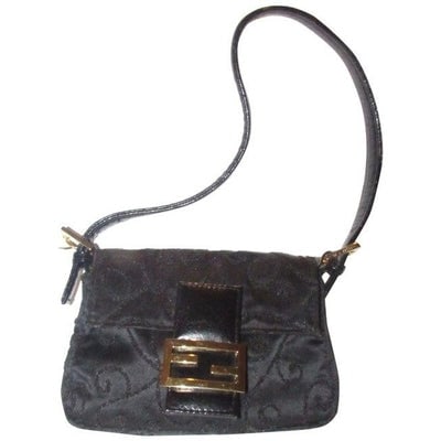 Fendi Black Silk And Leather Petite Baguette With Geometric Beaded Embellishments: For sale is a rare, Fendi, black satin and leather baguette bag with gold hardware, a single flat top handle, black leather trim, with geometric beaded embellishments and embroidery throughout, a blac