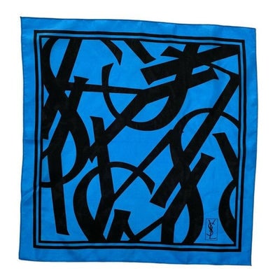 Saint Laurent Black Turquoise YSL Logo Print Silk Scarf: For sale is an Yves Saint Laurent, geometric logo print, 35" square, 100 % silk scarf in black on a turquoise blue background with rolled edges! This scarf by YSL in one of their signature logo create