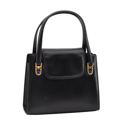 Gucci black leather top handle Kelly bag with blue lapis: For sale is a 1950's to 1960's mod Gucci, unique, glossy black leather, top handle Kelly style bag with beautiful, gold chain accents inlaid with blue lapis stones attaching the straps, an envelope to