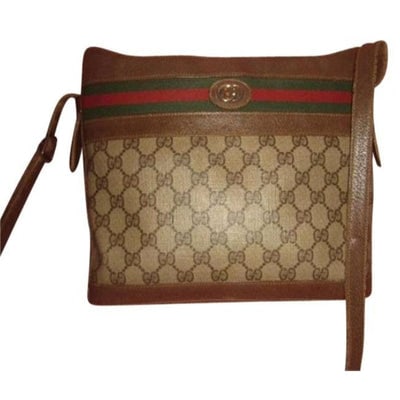 Gucci Vintage Brown Leather And Large G Logo Print Coated Canvas With Red Green Stripe (1 of 4)