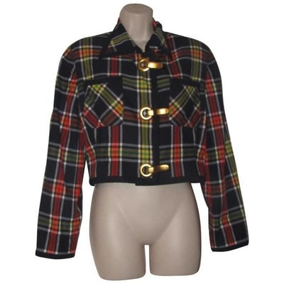 Emanuel Ungaro Navy Blue Window Pane Plaid Cropped Blazer: For sale is a fabulous, vintage, Emanuel Ungaro, size 8/42, structured, navy rayon with red, yellow, white, and green window pane plaid, cropped jacket with bold gold, hinged button front closure!