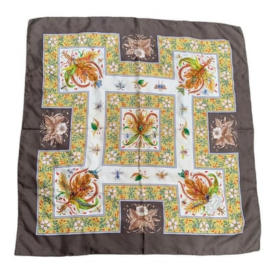 Gucci Colorful Butterfly Print Extra Large Silk Scarf: For sale is an early Gucci, extra large, square, 100% silk scarf with a multi-color, floral design showcasing all different types of butterflies, beetles, caterpillars, and crickets, rolled edges, wid